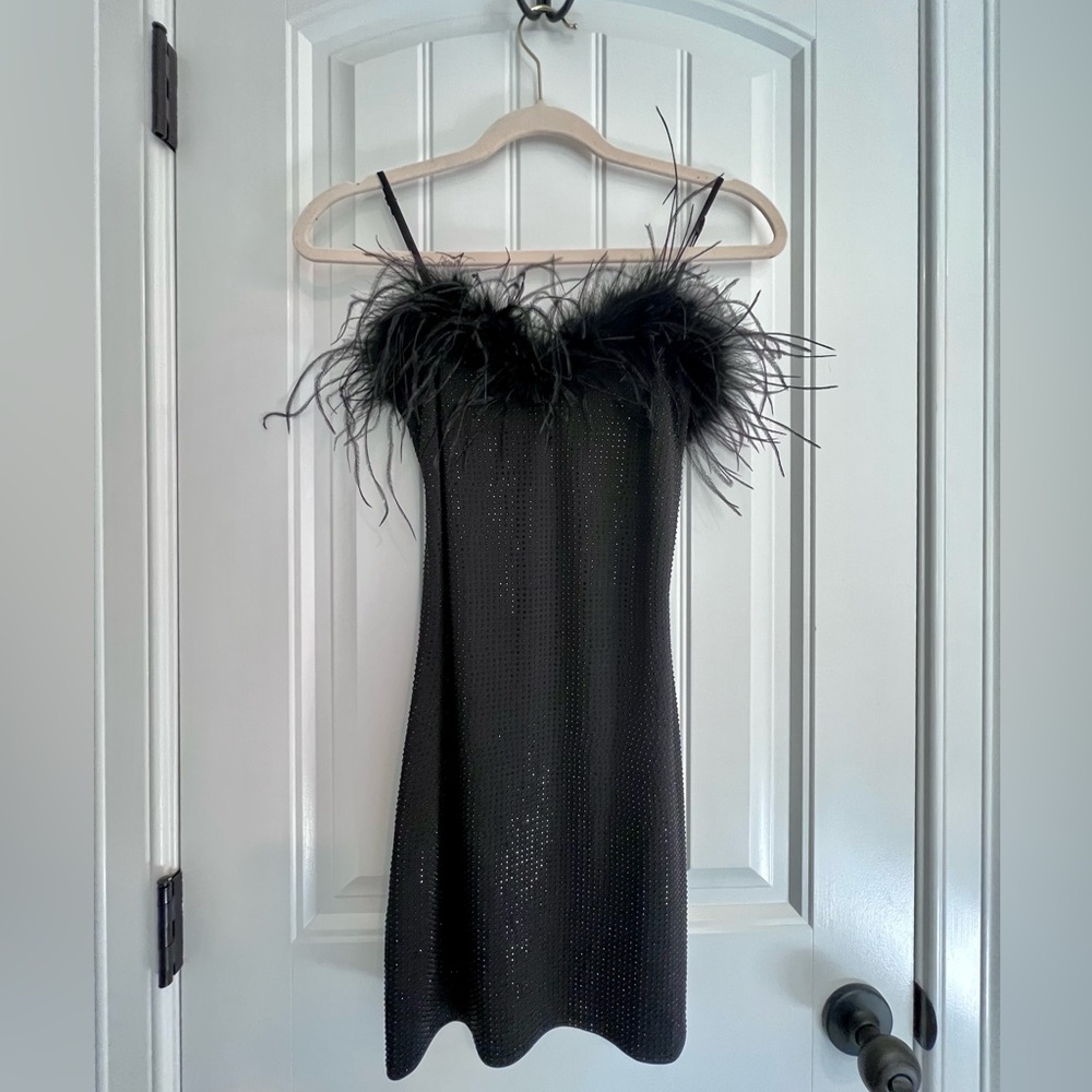Zara Black Rhinestone Mini Dress with Feathers